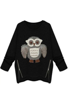 LALANG Women Owl Pattern O-Neck Hoodies Pullovers Loose Tops Black