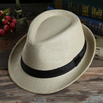 4ever 1pcs 54cm Straw Korean Style Beach Trilby Gangster Cap Sunhat with Band (Beige) - Intl