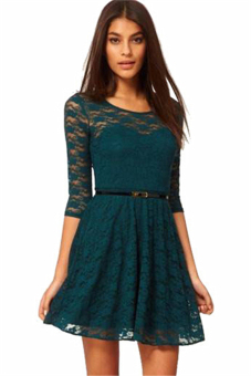 Hotyv Elegant Short Pleated Tunic Lace Dress HDS006 Green