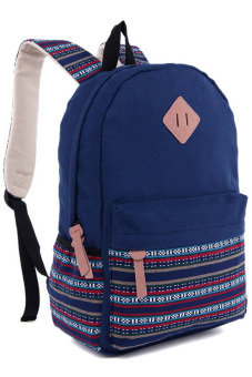 360DSC Korean Style Female Backpack National Wind Sewing Strip Pattern Large Capacity Canvas Casual Backpack With Laptop Lining Shoulder Bags - Blue