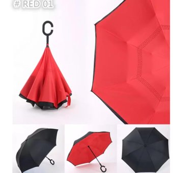 Babamu Payung Terbalik 2 lapis Gagang C Reverse Umbrella Tombol Merah - Merah