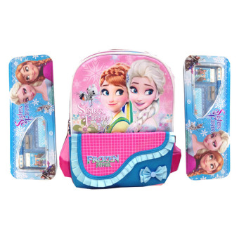 BGC Disney Frozen Elsa Anna Kantung Depan Pita Renda Tas Anak Sekolah TK Blue + Kotak Pensil + Alat Tulis