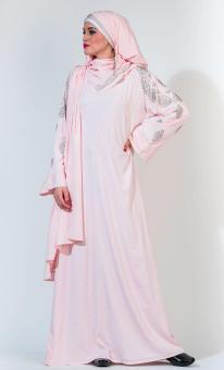 East Essence Baby Pink Silver Crystal Shoulder Accent Abaya Set-Baby Pink