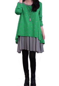 Women Splicing Color Dress Autumn Loose Tops Polka Dot Cotton Clothing Blouse Green Fashion - Intl