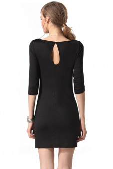 GE Women O-Neck Lace Medium Sleeve Mini Dress S-XL (Black)