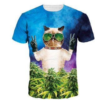 Jiayiqi Cool Wearing Sunglasses Cat Tops Forest Print T-shirts