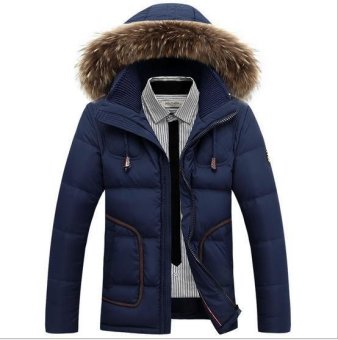 Men Fur Collar Hooded Parka Winter Thick Duck Down Coat Outwear Down Jacket Hot Dark Blue - Intl