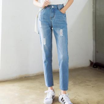 QQ Embroidered patch jeans Light Blue - intl