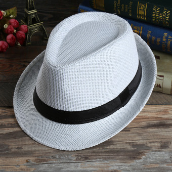 4ever 1pcs 58cm Straw Korean Style Beach Trilby Gangster Cap Sunhat with Band (White) - Intl