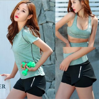 Ladies's Sportswear Running Suit Three-pieces Women Sports Yoga Fast Dry Clothes Include T-shirts，Bras，Shorts(Green). - intl
