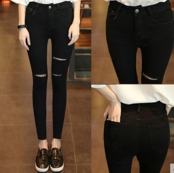 Bigcat Korean style fashion hole jeans BLACK JEANS - intl