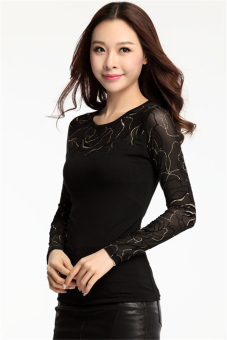 Lengan baju panjang yang elegan Hotyv gaya Korea Floral Bronzing Sirat kain perca kaos HTS003 Hitam - Internasional