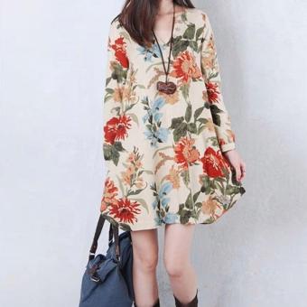 Yazilind New Sexy Womens Floral Linen Long Sleeve V-Neck Cute Short Mini Dress Apricot