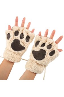 SuperCart Arshiner Women Girls Comfy Soft Plush Cat Bear Paw Claw Design Winter Fingerless Gloves (Beige) 