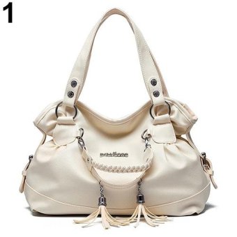 Broadfashion Women's Fashion Casual Faux Leather Tassel Handbag Shoulder Bag Tote Purse (Beige) - intl