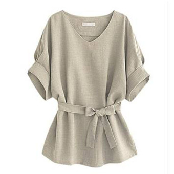 Women Lady V-neck blouse bat sleeve cotton & linen Top Shirt Khaki - intl