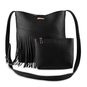 S&L Chic Fringe Solid Color Cross Body Bag with Pouch for Women (Color:Black) - intl