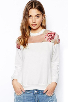 GE Autumn European Ladies Organza Floral Printed Hollow Pullover Shoulder T-shirt Tops S-M (White)