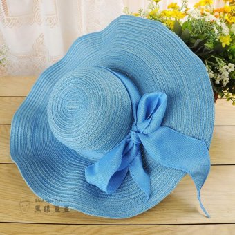 Women cotton and linen bowknot Ribbon Straw hat Large brimmed hat Foldaway cap Travel beach sunhat Sky blue - intl