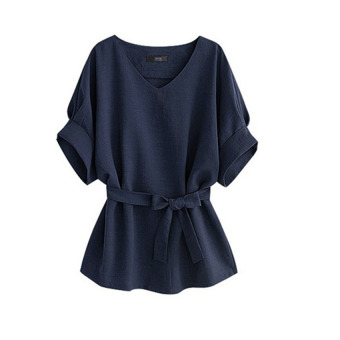 Women Lady V-neck blouse bat sleeve cotton & linen Top Shirt Dark Blue - intl