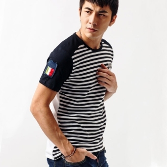 GE Men Stripe Short Sleeve Round Neck T-shirt Tee (Black)
