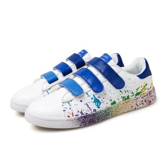 Men and Women's Couple Camouflage Ink Jet Mixed Color Velcro White Skateboard Shoes(Blue) - intl