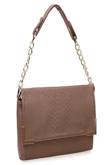 BMC Womens Chocolate Brown PU Leather Faux nake kin Textured Chain trap Handle Fashion Envelope Flap Clutch Handbag