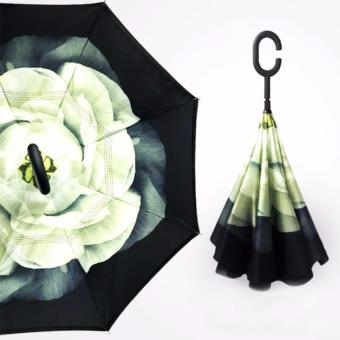Payung Terbalik Kazbrella Gagang C - Green Flower Tombol Merah / Reverse Umbrella / Smart Reverse Umbrella / Payung Unik Double Layer UV Protection Anti Basah