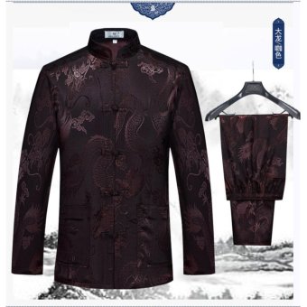 Men's Silk Traditional Chinese Tang Suit Coat clothing Kung Fu Tai Chi Uniform Dragon Tops + Pants Set Coffee - intl