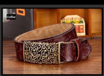 High Quality Fashion Cow Genuine leather belt woman Vintage floral metal buckle Wide belts for women Top quality strap for female jeans 110cm(Coffee) - intl