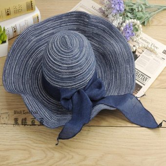 Women cotton and linen bowknot Ribbon Straw hat Large brimmed hat Foldaway cap Travel beach sunhat Navy blue - intl