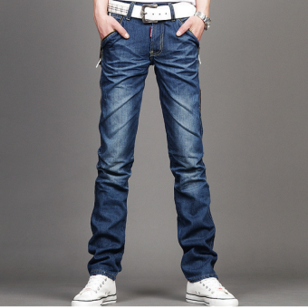 QQ Men's jeans straight long pants Dark blue - intl