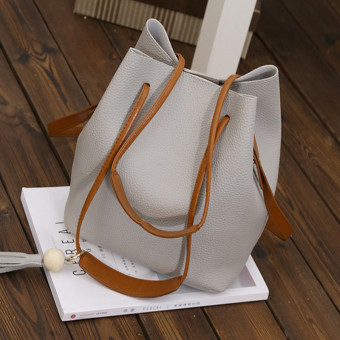 4ever 1pcs Women Retro Wooden Beads Tassel Bucket Bag Shoulder Bag with Small Pouch (Grey) - intl