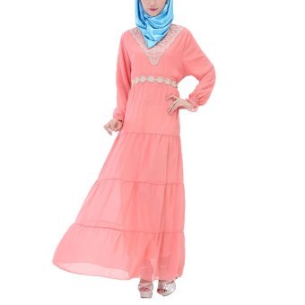 Niyatree Muslim Church Chiffon Tight Cuff Muslimah Maxi Women Elegant Long Dress - Pink