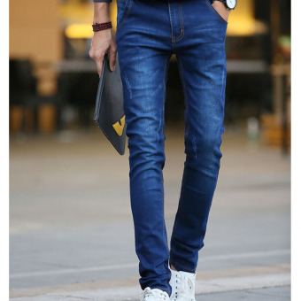 QQ Men's jeans slim pencil pants Blue - intl