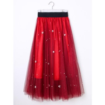 Mesh Tulle Skirts Women Summer Elastic High Waist Ladies Long Mesh Skirt Womens Tutu Maxi Pleated Skirt (Dark Red) - intl