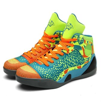 Men and Women's Couple Blue Green Color Block Graffiti Plus Size High Top Sneakers Damping Basketball Shoes - intl