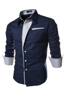 Korea Design Button-Down Formal Long Sleeved Business Shirts (Navy Blue)
