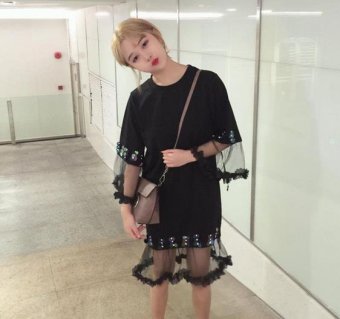 BIGCAT 2017 new women's Korean style long paragraph lace stitching short sleeve skirt(Int:M) - Int'L - intl
