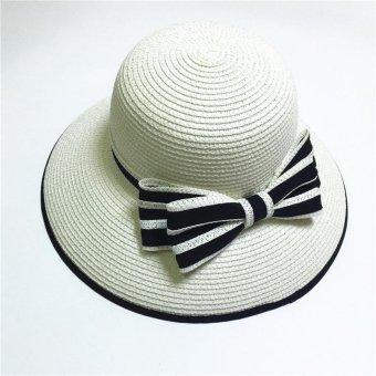 Lady bow sun hat Wide brim cap Foldaway hat Large brimmed hat straw outdoor beach hat Anti-UV Sunhat White - intl