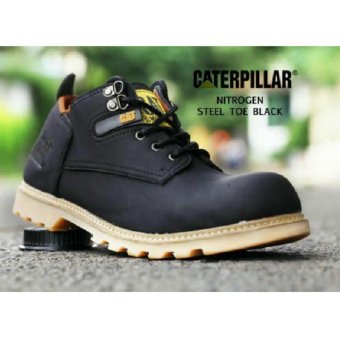 caterpillar low boots safety ujung besi kulit buck sepatu casual kerja tracking pria - BLACK