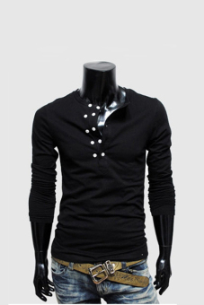 GE Men's Slim Fit Turndown Collar Long Sleeve Polo Shirt T-shirts Tee Shirt (Black)