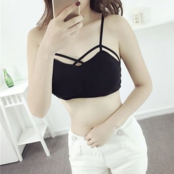 Cocotina Solid Color Women's Cross Strappy Bra Tank Tops Bustier Vest Crop Blouse Basic Tee (Black)