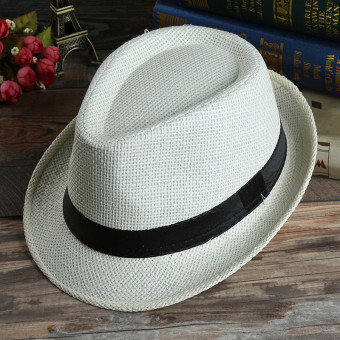 4ever 1pcs 54cm Straw Korean Style Beach Trilby Gangster Cap Sunhat with Band (Milky) - Intl