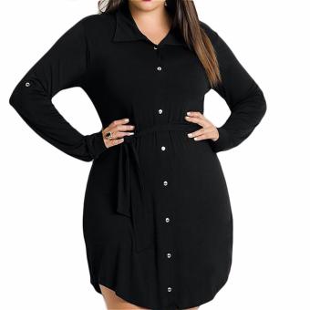 Fancyqube Women Casual Long Sleeve Shirt Dress Plus Size Mini Dress Black Color - intl