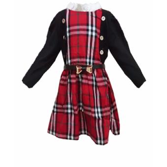 Import Dress Kotak Motif Cardigan Anak Perempuan - Hitam/Merah