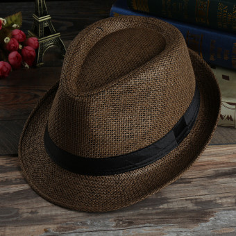 4ever 1pcs 58cm Straw Korean Style Beach Trilby Gangster Cap Sunhat with Band (Coffee) - Intl