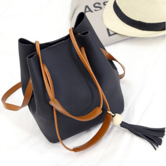 4ever 1pcs Women Retro Wooden Beads Tassel Bucket Bag Shoulder Bag with Small Pouch (Black) - intl