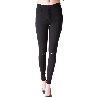 Hanyu 2016 Spring Summer Holes Pencil Pants Skinny Trousers Hot Sales Black