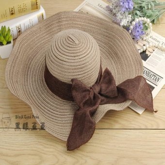 Women cotton and linen bowknot Ribbon Straw hat Large brimmed hat Foldaway cap Travel beach sunhat Khaki - intl